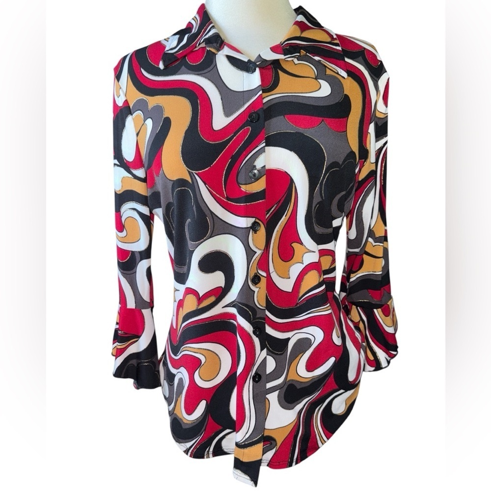 Anxiety blouse button down front short bell sleeves 60s-70s vibe Y2K Sz X-Large